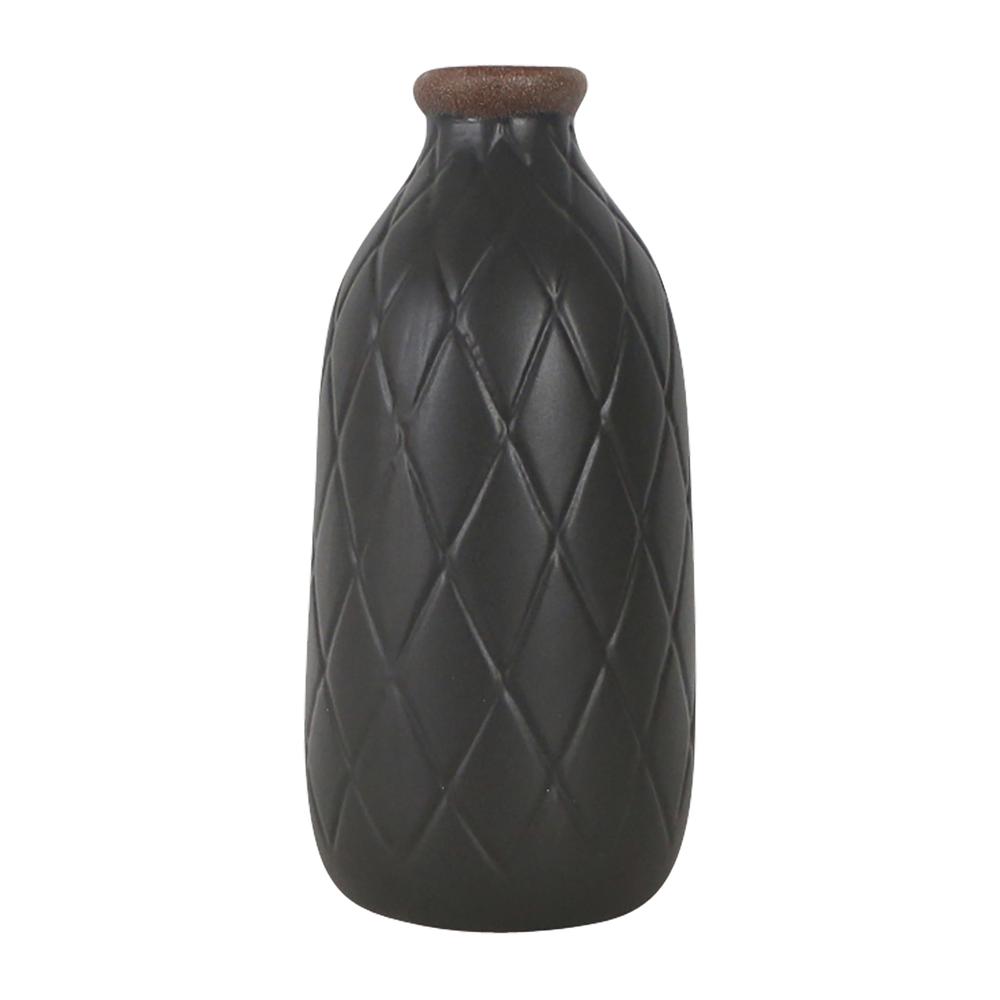 Cer, 9" Plaid Textured Vase, Black. Picture 1