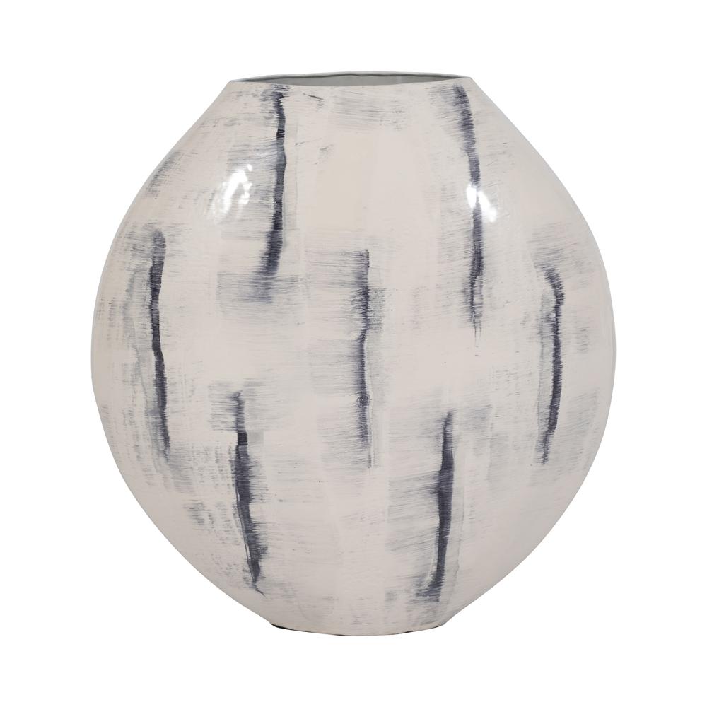 Metal, 20" Enameled Round Vase, Distressed White. Picture 1