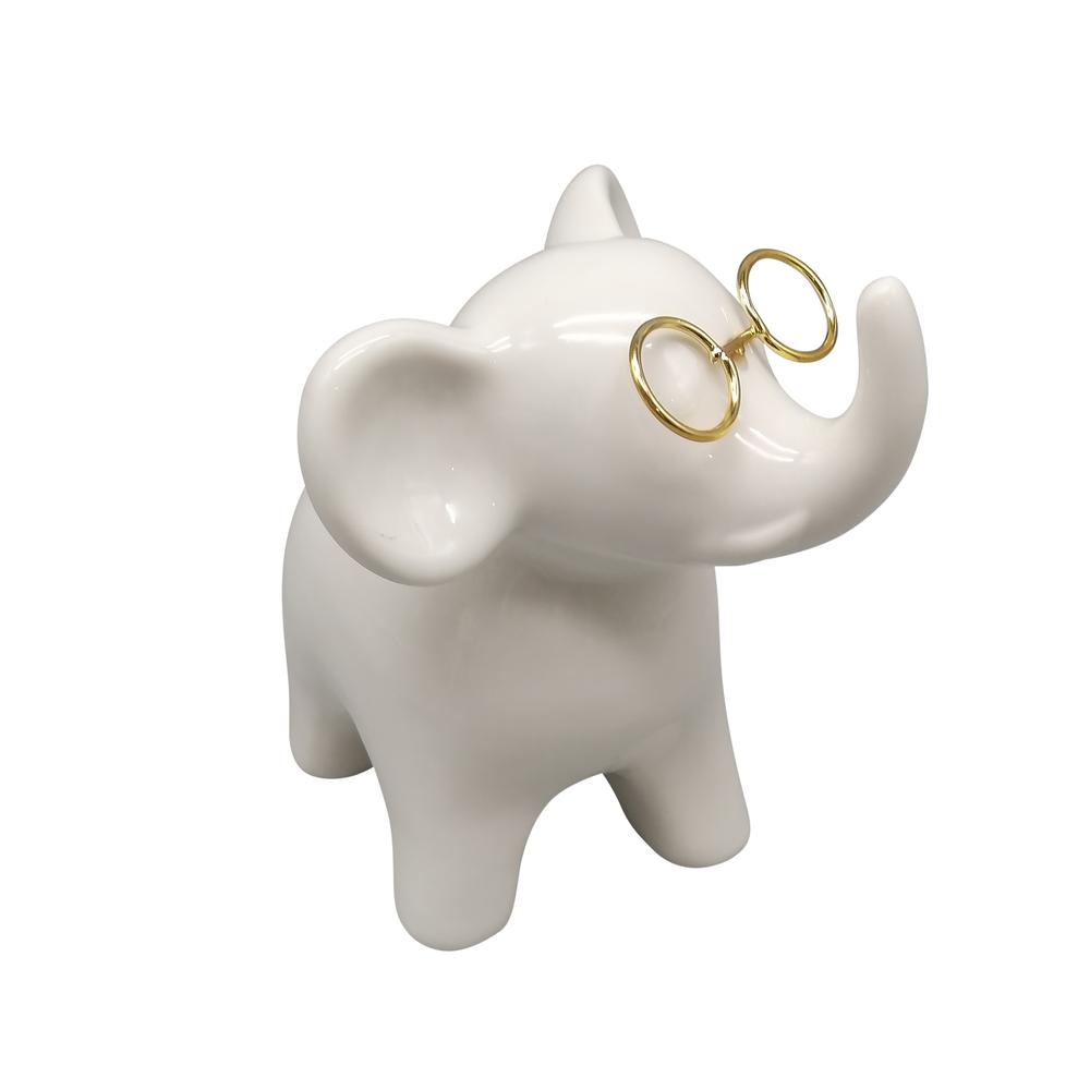 5" Elephant With Glasses, White/gold. Picture 1