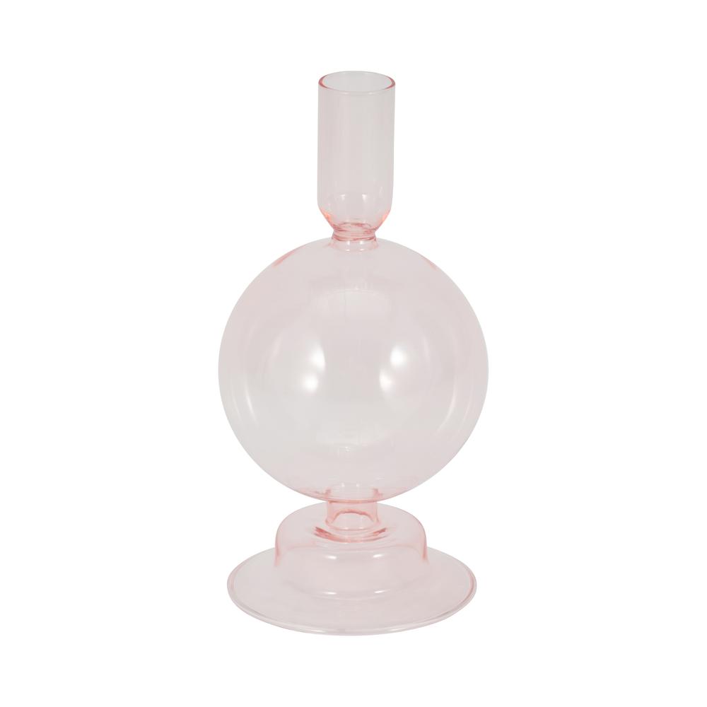 7" Glass Bubble Taper Candle Holder, Pink. Picture 1