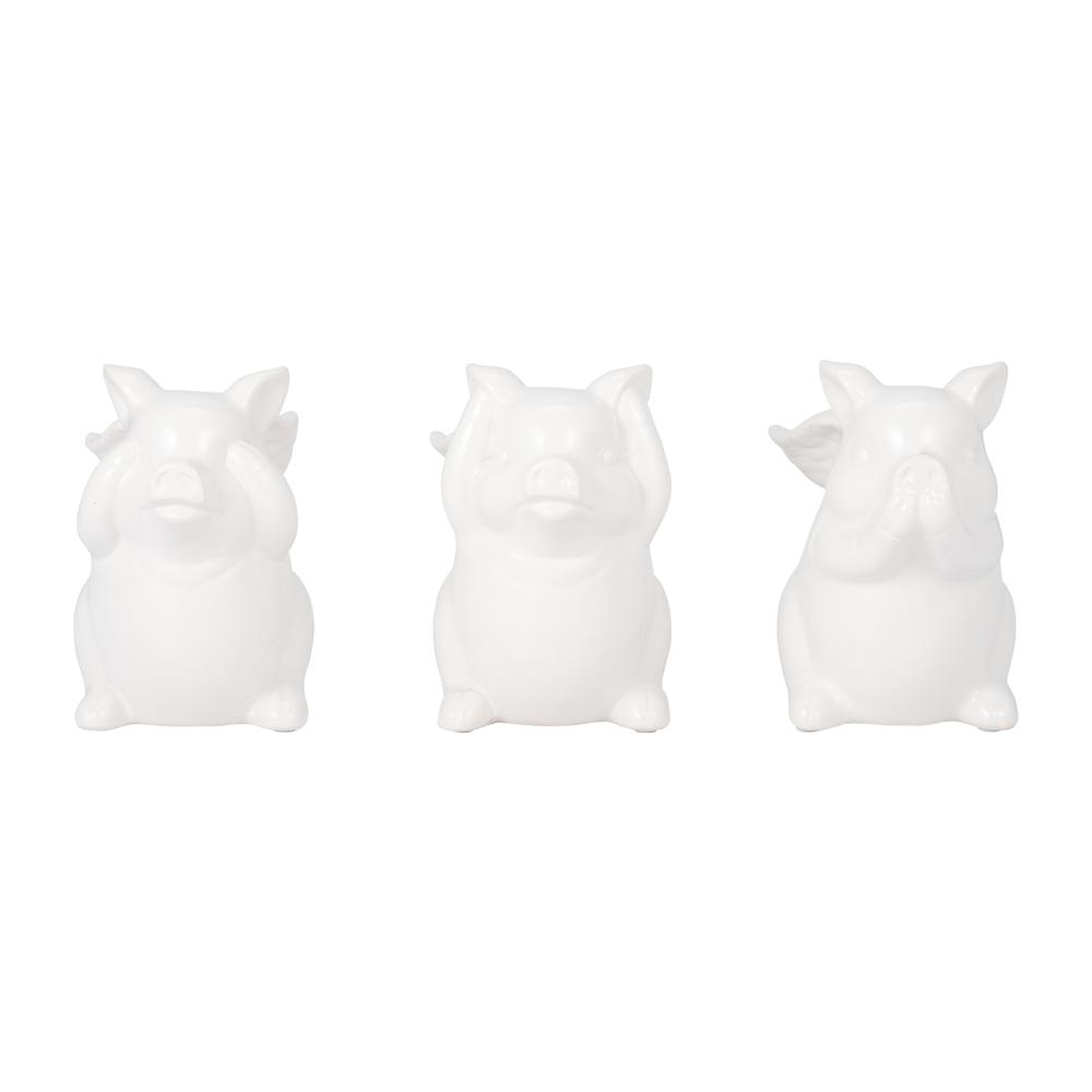 Cer, S/3 6" No Evil Pigs W/ Wings, White. Picture 1