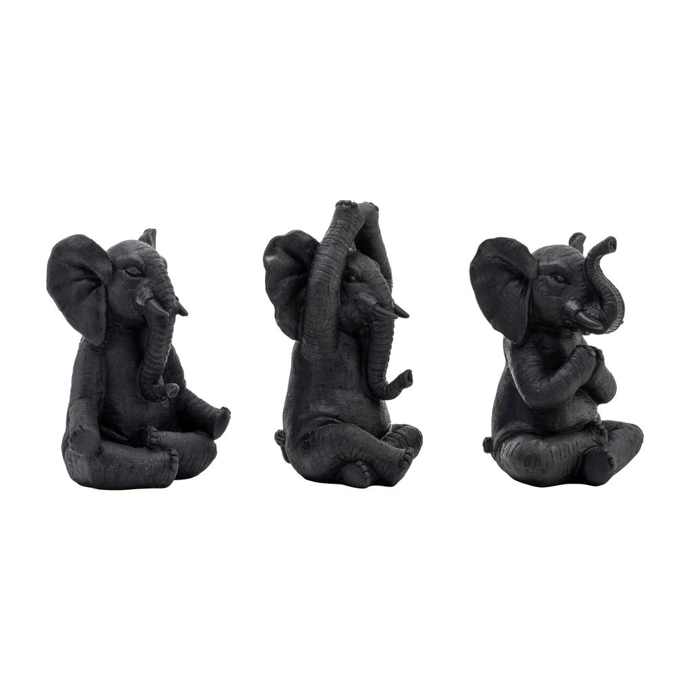 Resin, S/3, 8"h, Yoga Elephants, Blk. Picture 1