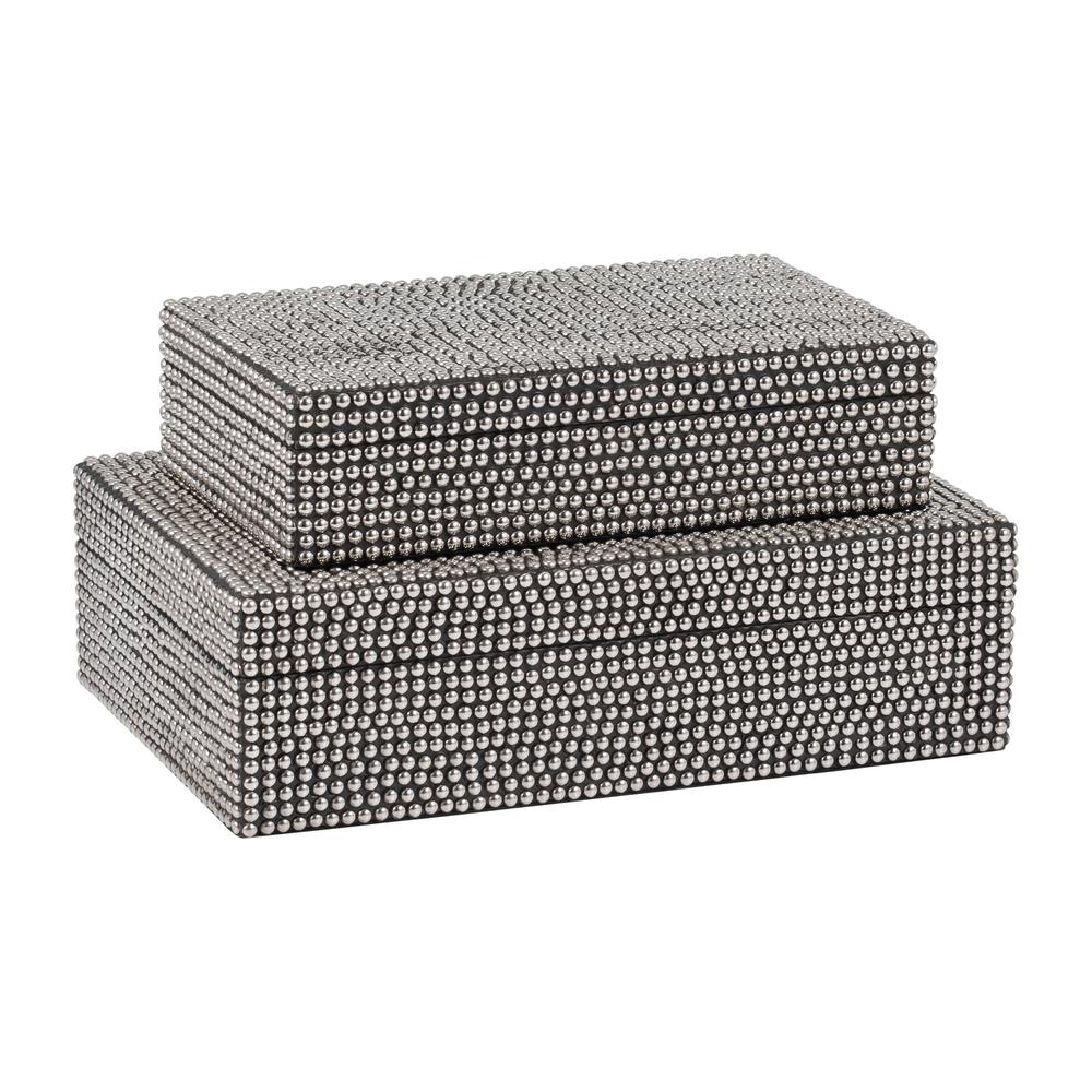 Metal, S/2 10/12" Studded Boxes, Silver/black. Picture 6