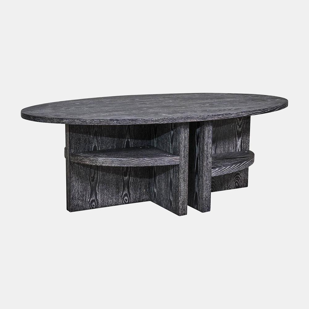 Oval Coffee Table With Bottom Shelves, Gray. Picture 1