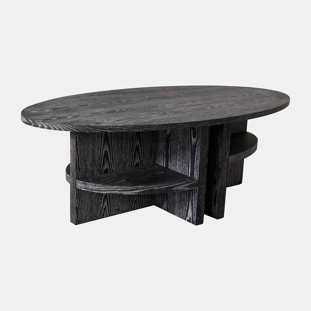 Oval Coffee Table With Bottom Shelves, Gray. Picture 6