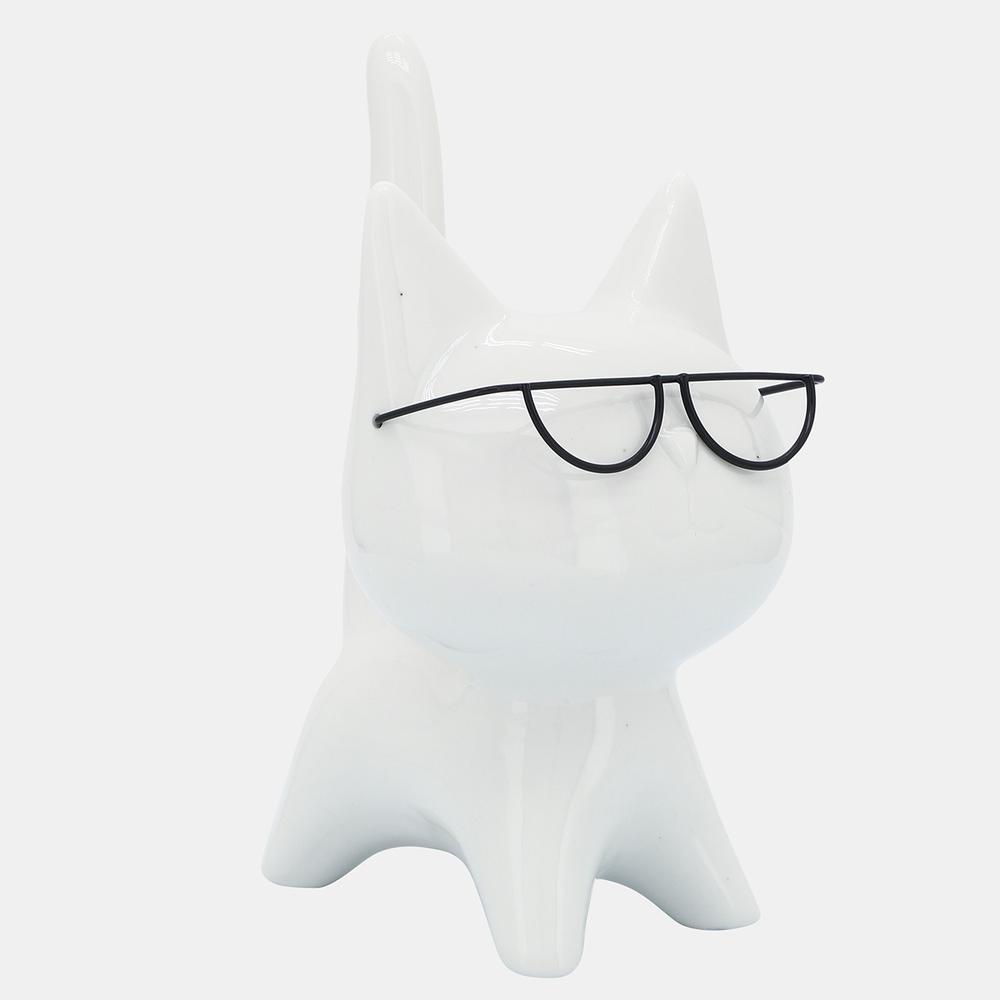 Porcelain, 8"h Kitty W/ Glasses, White. Picture 1