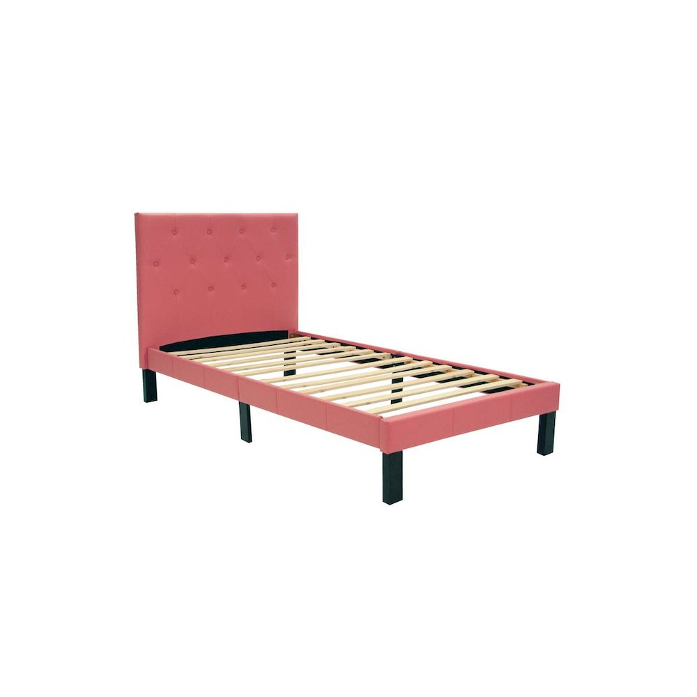 Poundex Twin Upholstered Bed Frame with Slats in Pink Faux Leather. Picture 1