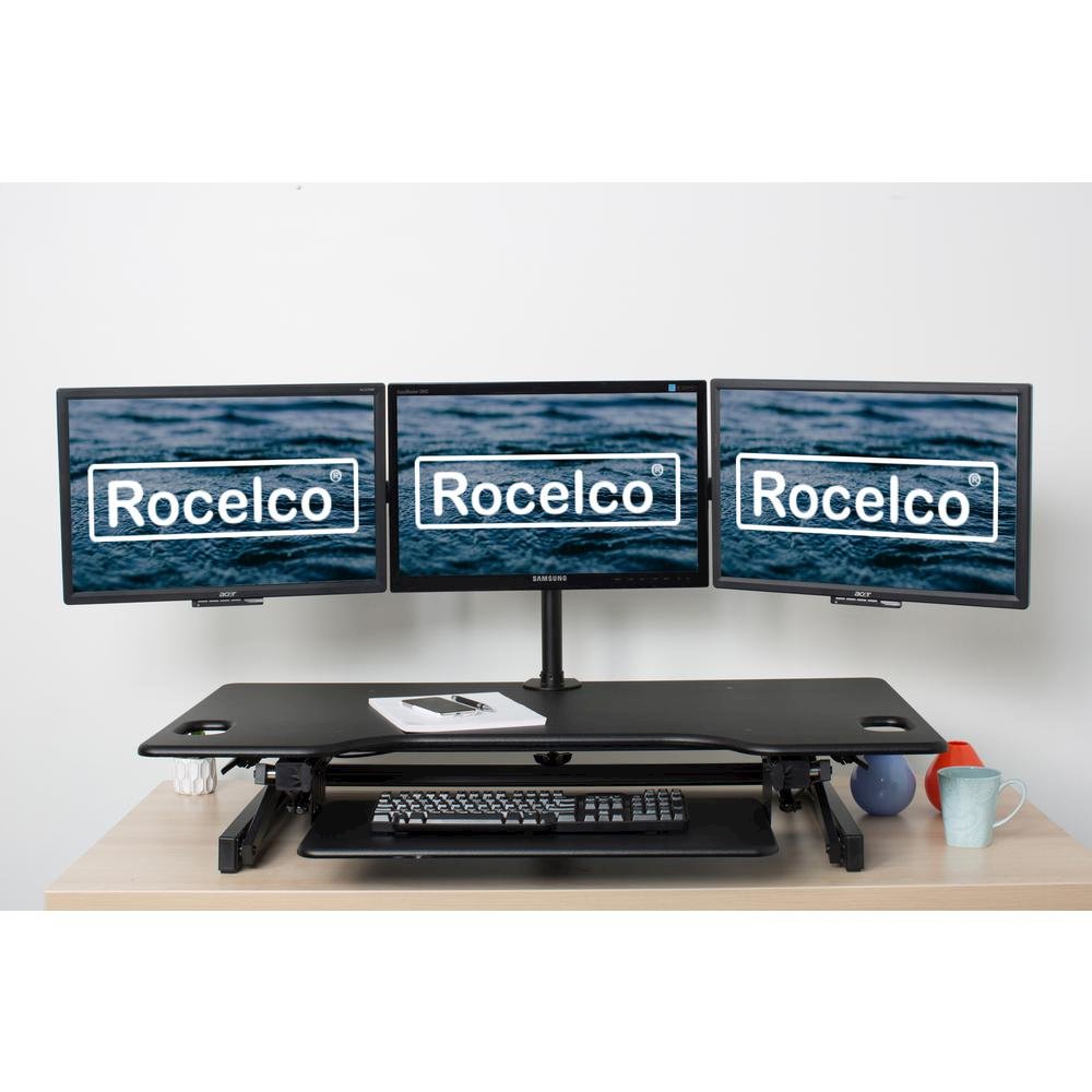 Rocelco 46" Large Height Adjustable Standing Desk Converter with Triple Monitor Mount BUNDLE - Quick Sit Stand Up Computer Workstation Riser - Retractable Keyboard Tray - Black. Picture 4