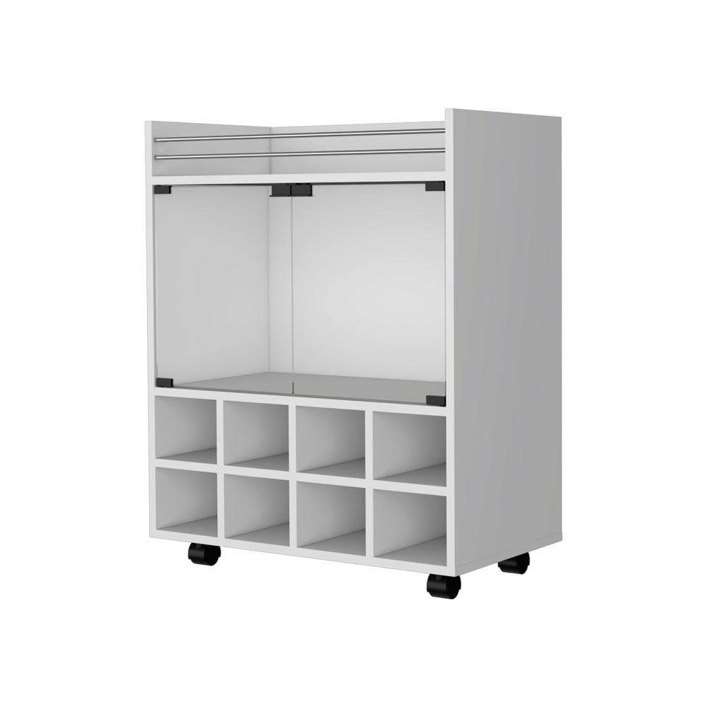 Minneapolis Bar Cart with Integrated 8-Bottle Rack, Glass Encased Cabinet. Picture 1
