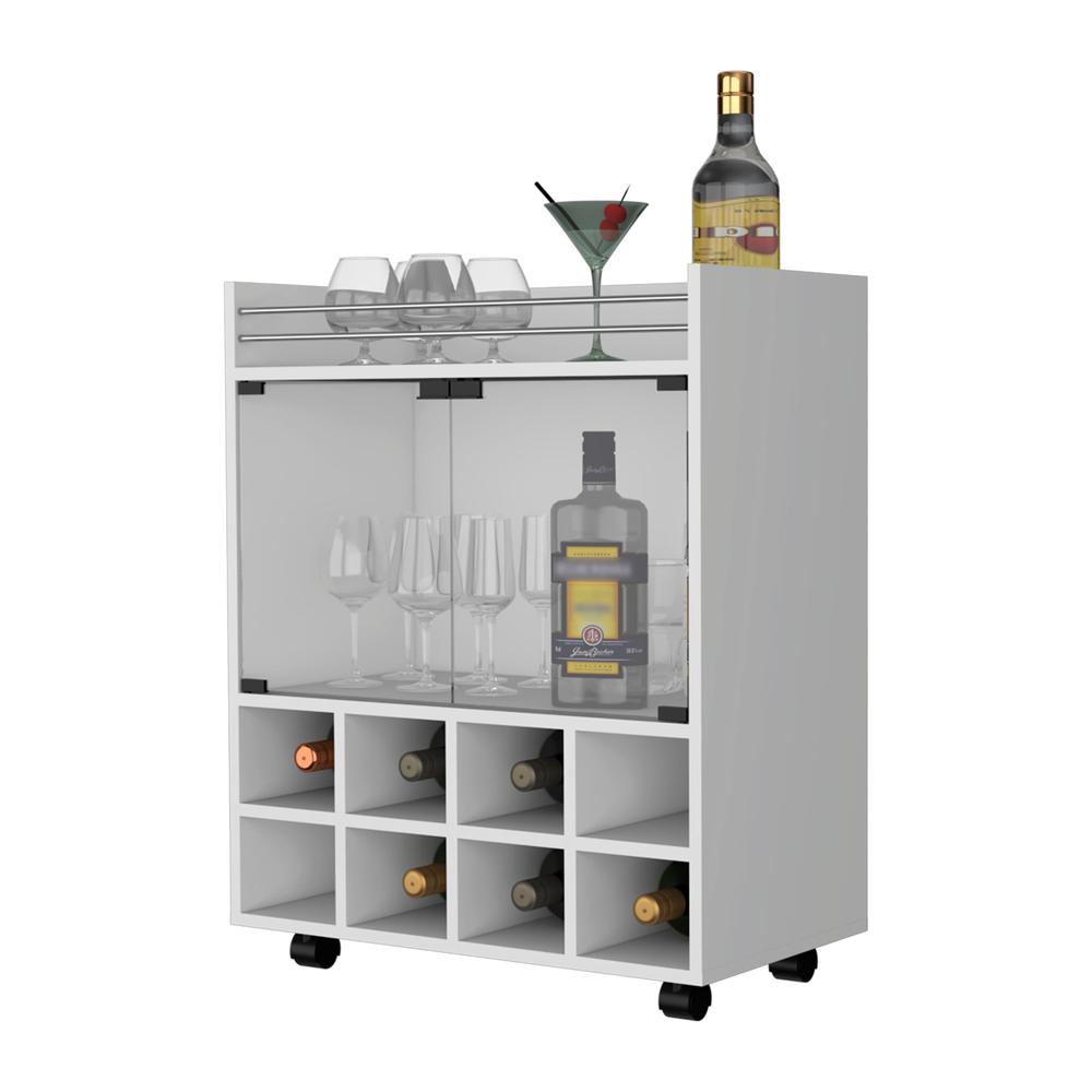 Minneapolis Bar Cart with Integrated 8-Bottle Rack, Glass Encased Cabinet. Picture 6