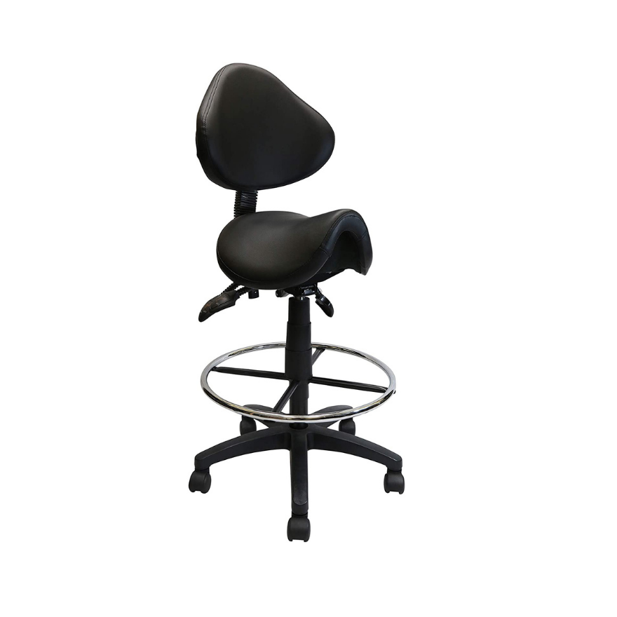 Adjustable Saddle Stool with Backrest, Black PU Leather, with Footring. Picture 1