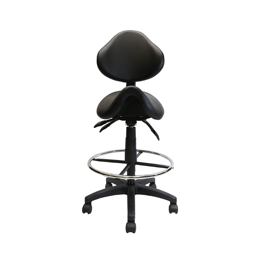Adjustable Saddle Stool with Backrest, Black PU Leather, with Footring. Picture 4