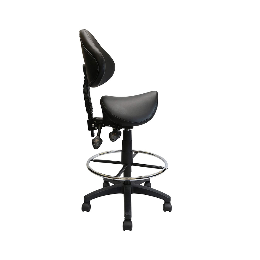 Adjustable Saddle Stool with Backrest, Black PU Leather, with Footring. Picture 2