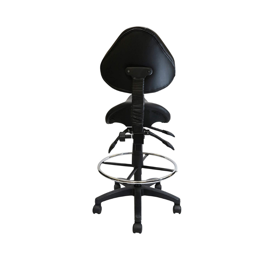 Adjustable Saddle Stool with Backrest, Black PU Leather, with Footring. Picture 3