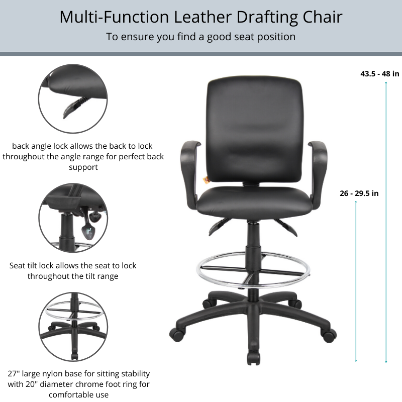 Multi-Function Leather Drafting Chair and stool with Foot Ring - With Loop Arms. Picture 4