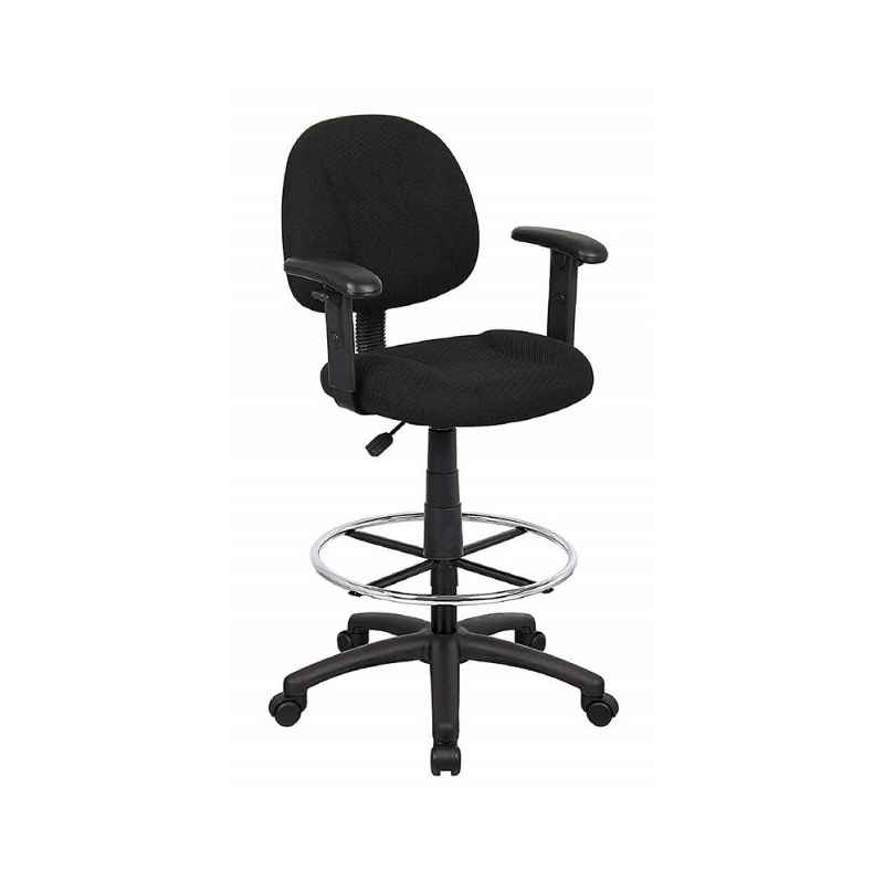 Black Fabric Drafting Chair Stool and Foot Ring - With T Arms. Picture 1