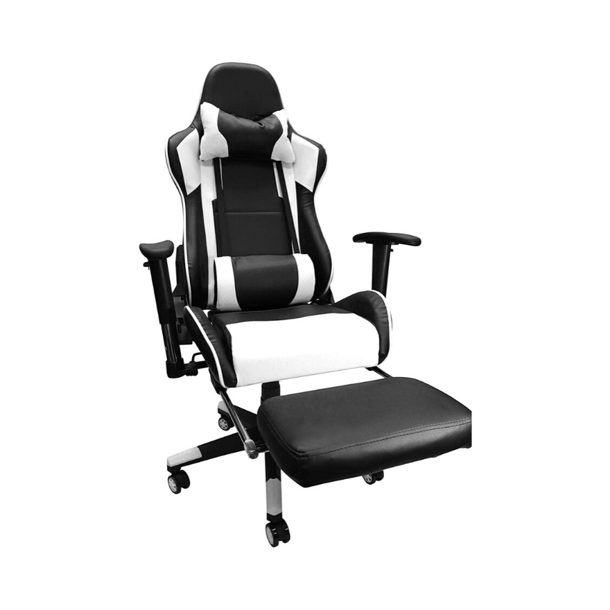 Reclining Gaming Chair with Cushion Adjustable Armrest and Footrest - White. Picture 1