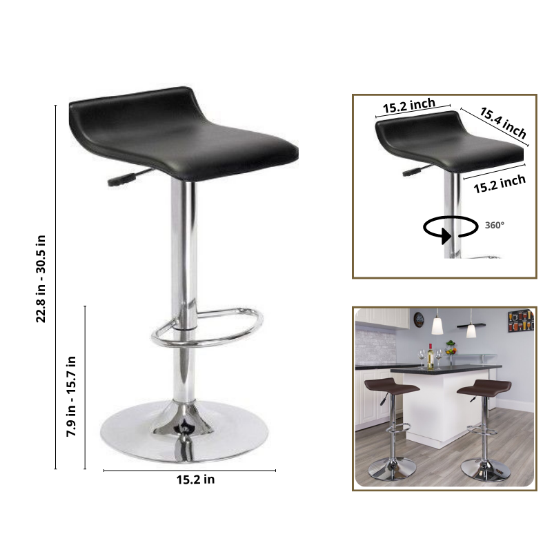 Bar Stool Faux Leather Air Lift Adjustable Height - Black, Set of 1. Picture 2