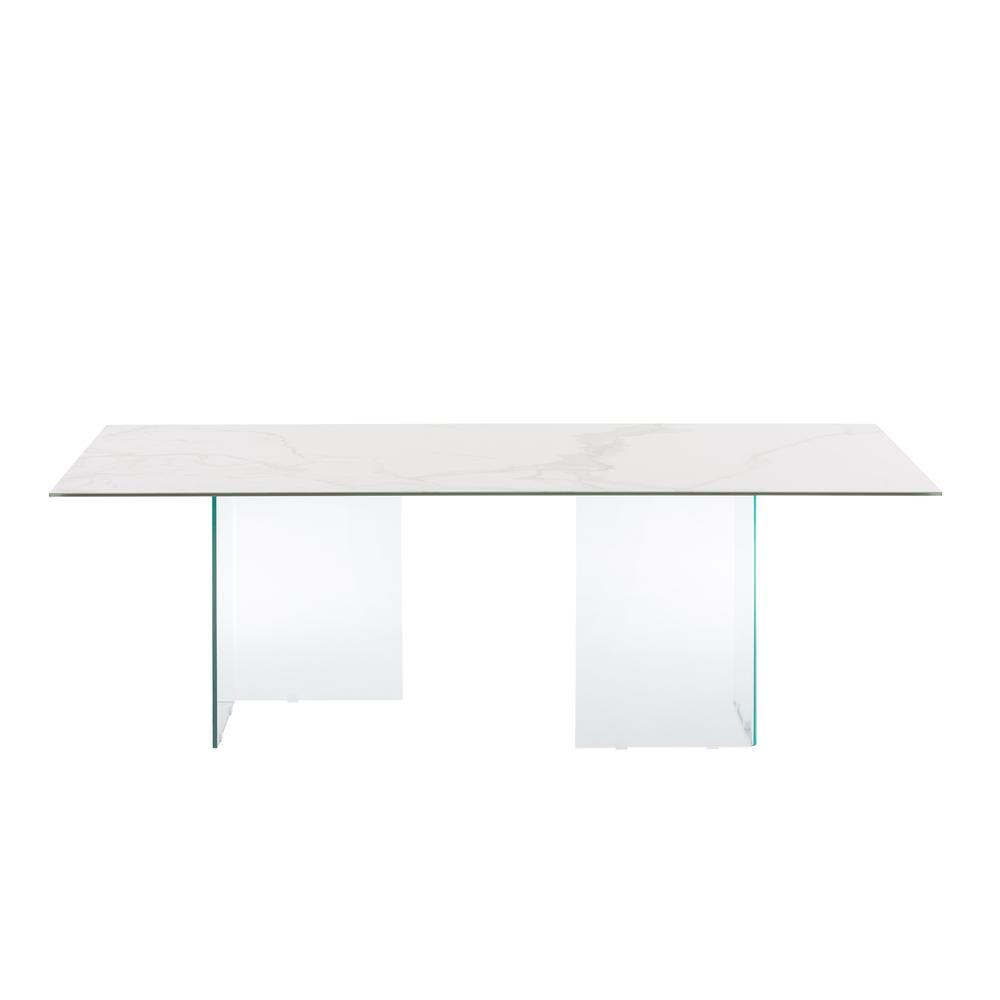 Miami dining table with clear base and white marbled porcelain top.. Picture 3