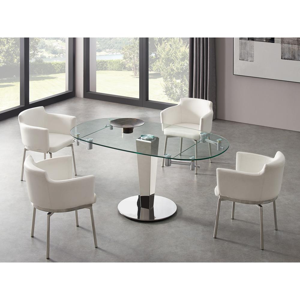 Enzo manual dining table with stainless base and clear top.. Picture 1