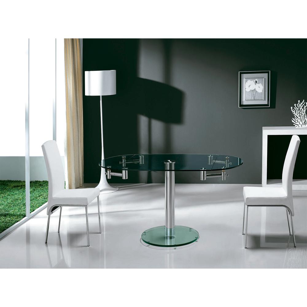 Thao manual dining table with stainless base and clear top.. Picture 1