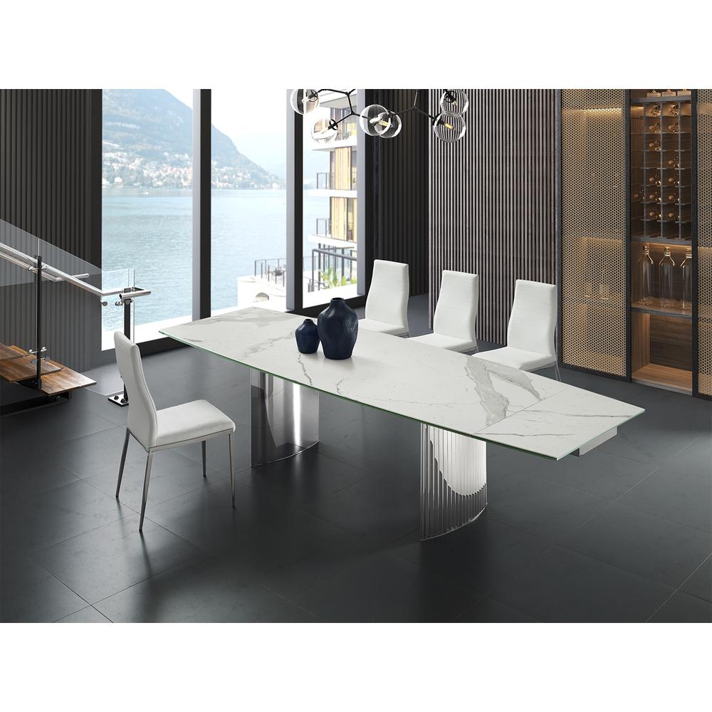 Dining table with stainless steel base and white marbled porcelain top.. Picture 1