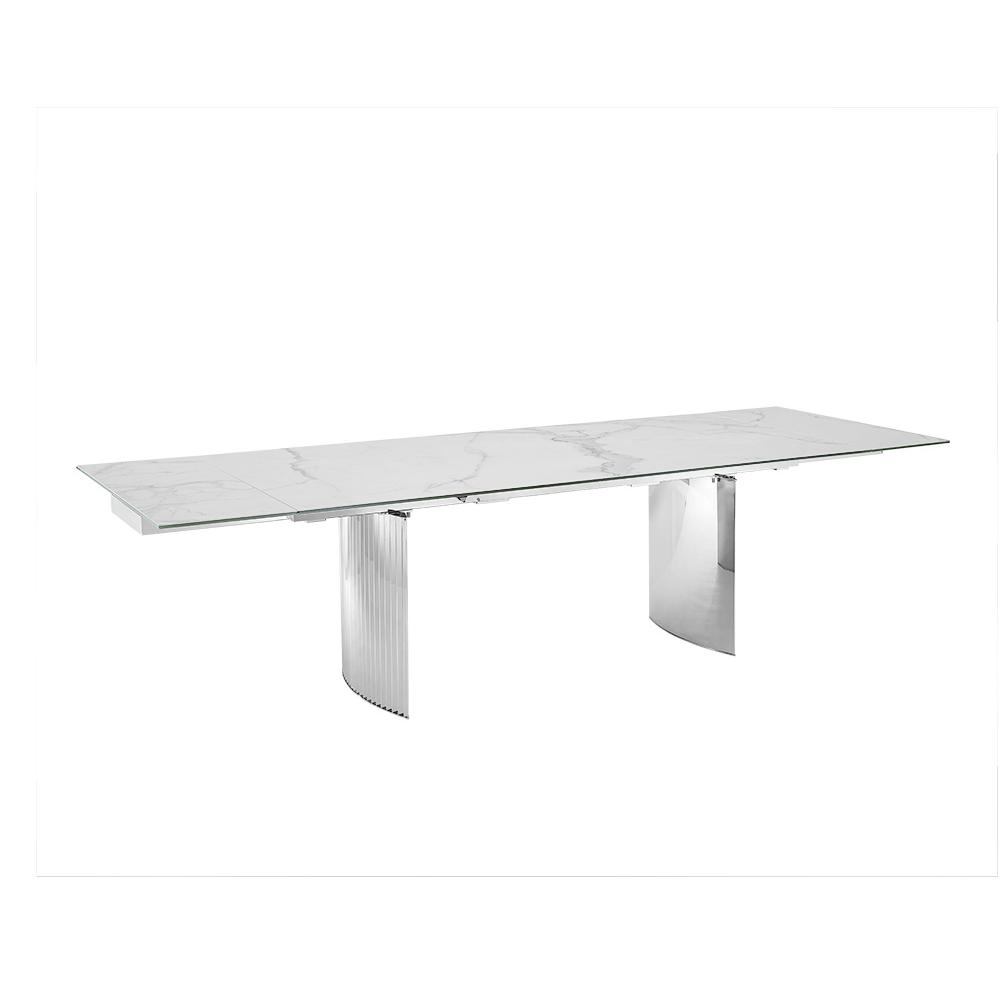 Dining table with stainless steel base and rectangular white marbled top.. Picture 2