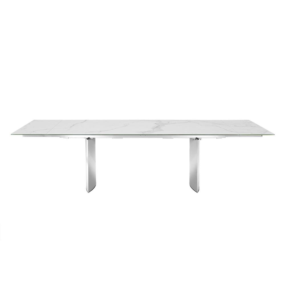 Dining table with stainless steel base and rectangular white marbled top.. Picture 3
