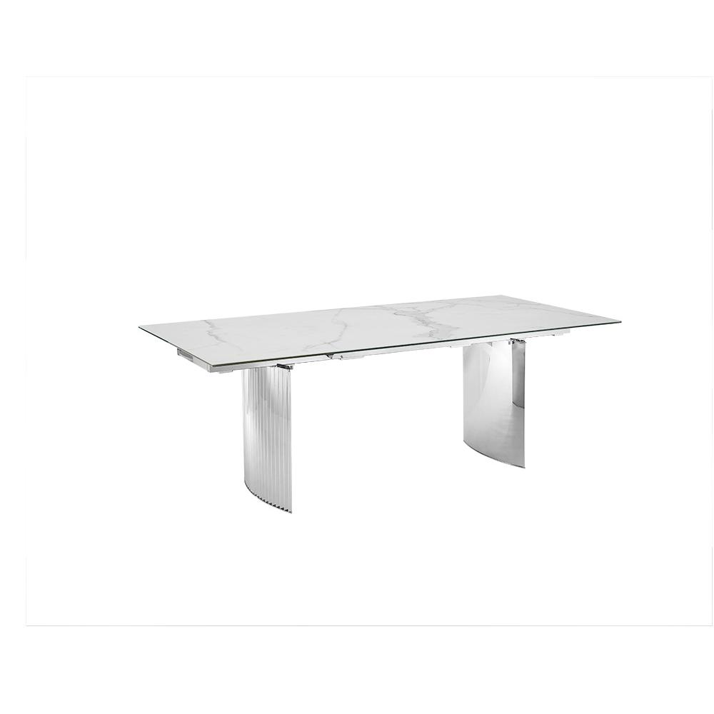 Dining table with stainless steel base and rectangular white marbled top.. Picture 5