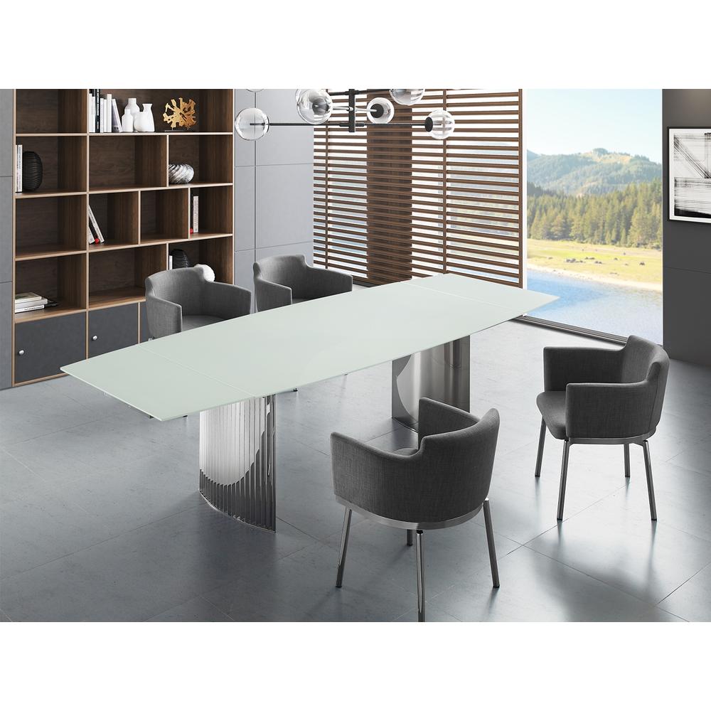 Allegra manual dining table with stainless steel base and white top.. Picture 1