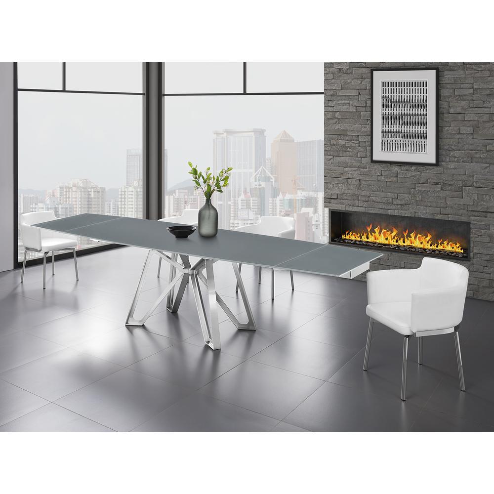 Dcota manual dining table with brushed stainless steel base and gray top.. Picture 1
