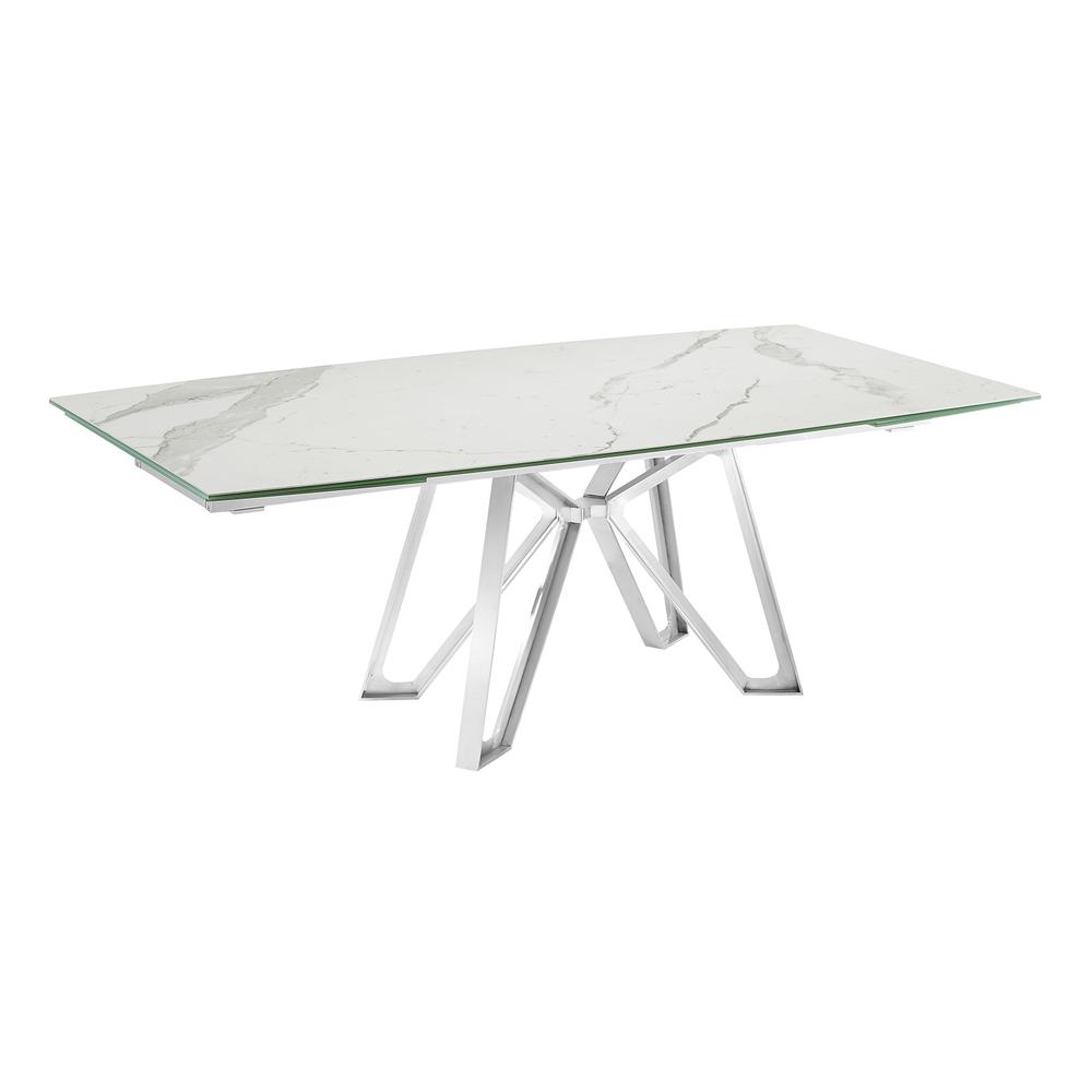 Dining table with brushed stainless steel base and white marbled porcelain top.. Picture 3