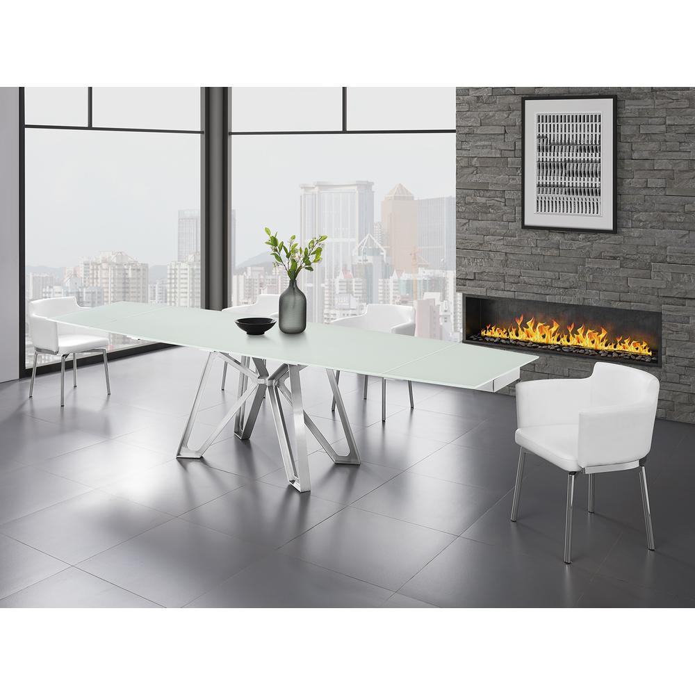 Dcota manual dining table with brushed stainless steel base and white top.. Picture 1
