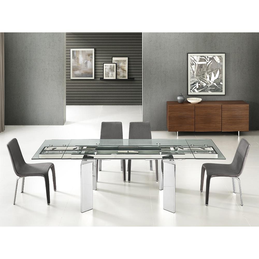 Astor manual dining table with stainless base and rectangular clear top.. Picture 1