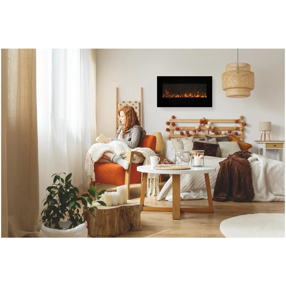 Smart 34" Flush Mount fireplace with Black Glass Surround, Log set. Picture 2