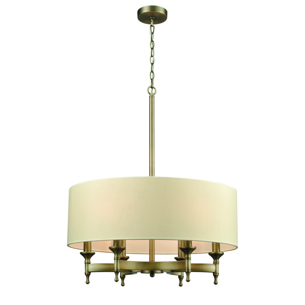 Pembroke 6 Light Chandelier In Brushed Antique Brass With A Light Tan Fabric Shade. Picture 1