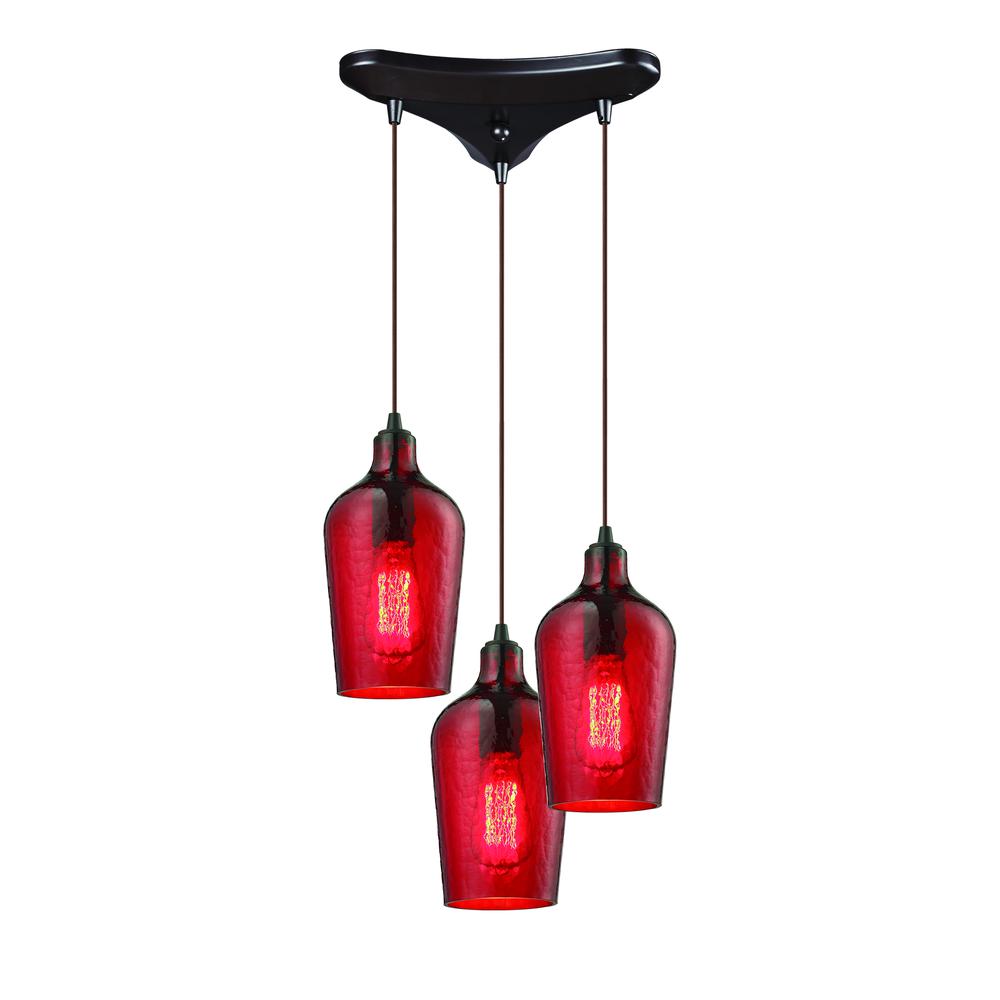 Hammered Glass 3 Light Pendant In Oil Rubbed Bronze And Red Glass, 10331 3HRD. The main picture.