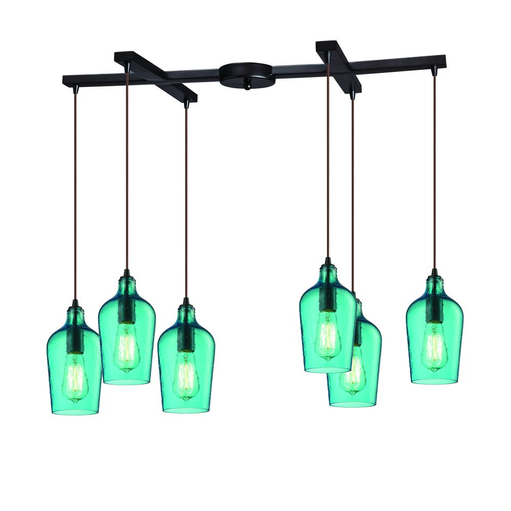 Hammered Glass 6 Light Pendant In Oil Rubbed Bronze And Aqua Glass, 10331 6HAQ. The main picture.