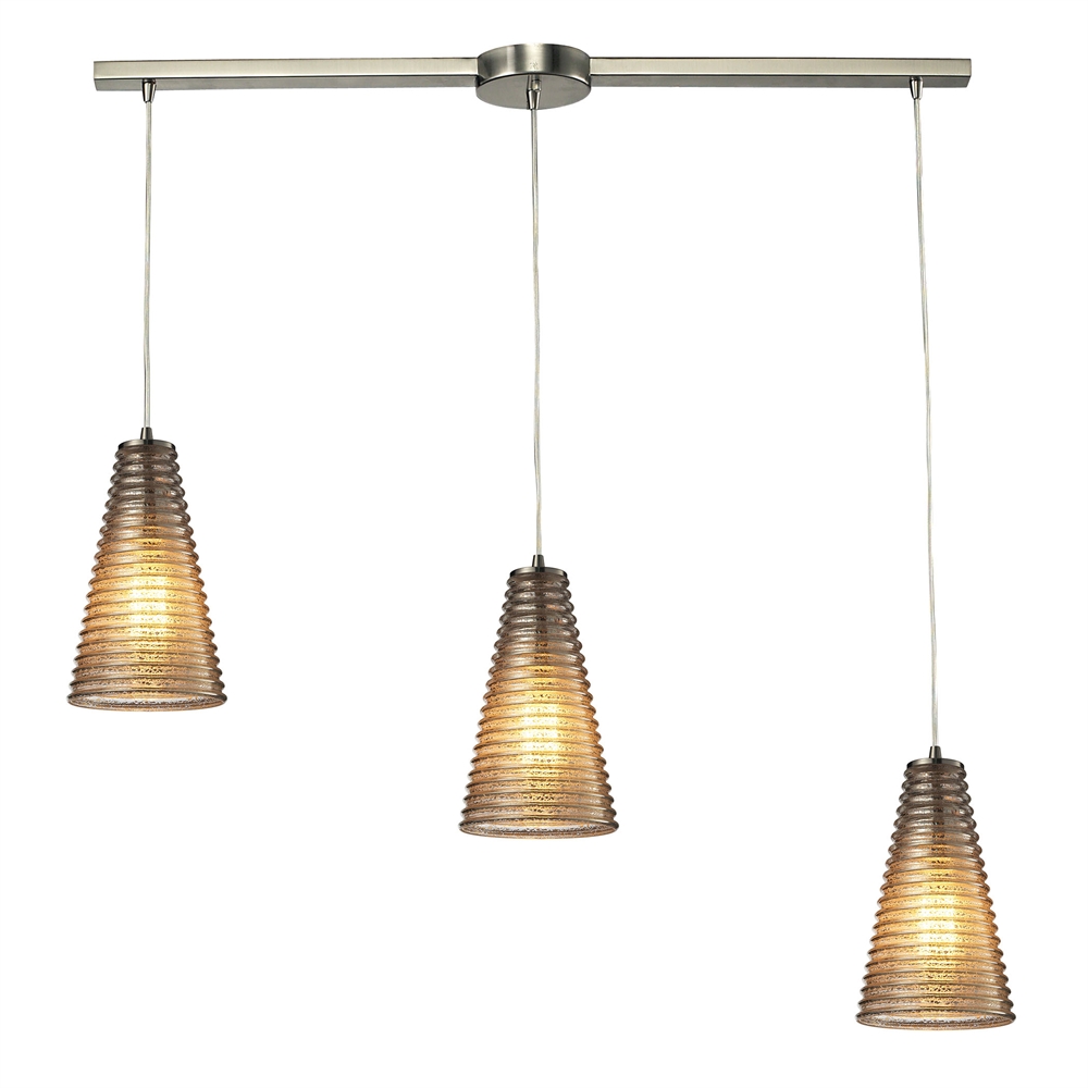 Ribbed Glass 3 Light Pendant In Satin Nickel And Mercury Glass, 10333 3L. Picture 1