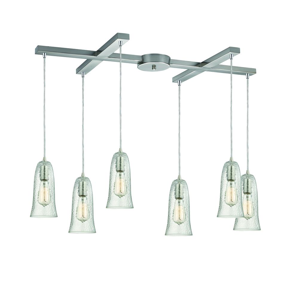 Hammered Glass 6 Light Pendant In Satin Nickel, 10431 6CLR. The main picture.