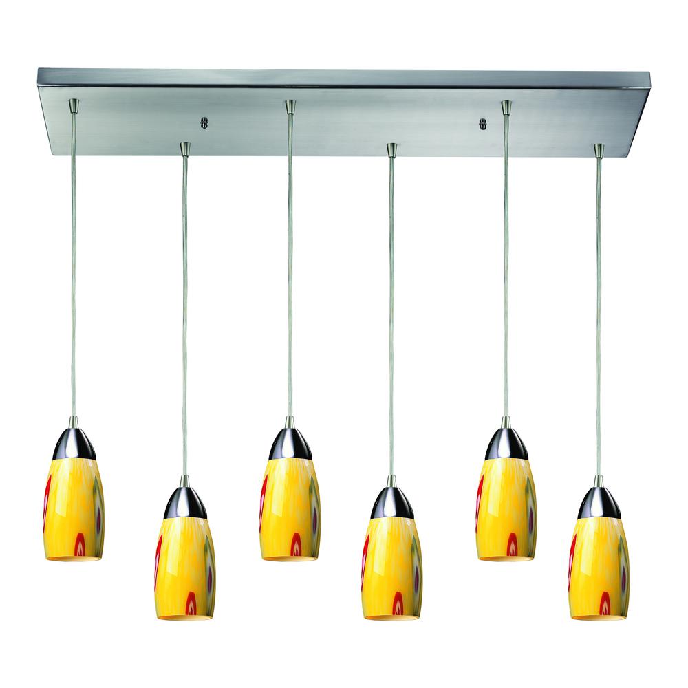 Milan 6 Light Pendant In Satin Nickel And Yellow Blaze Glass, 110-6RC-YW. The main picture.