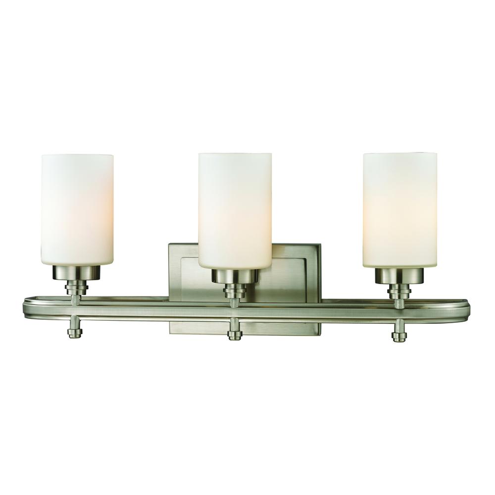 Dawson 3 Light Vanity In Brushed Nickel And Opal White Glass. The main picture.