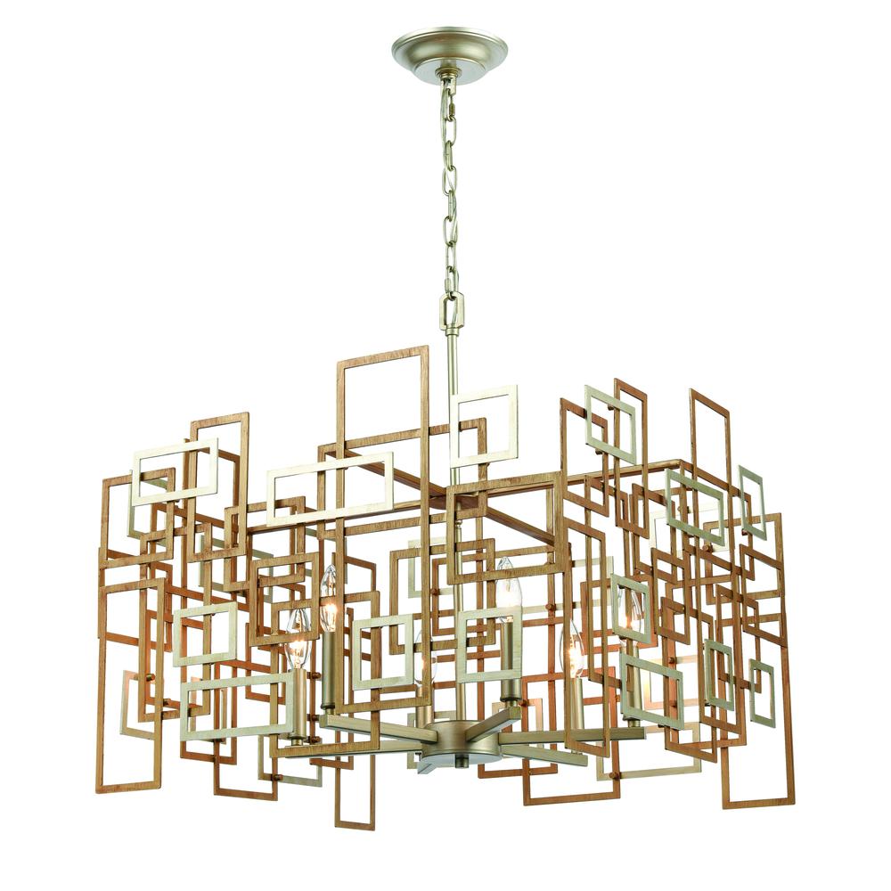 Gridlock 6-Light Chandelier in Matte Gold and Aged Silver. Picture 1