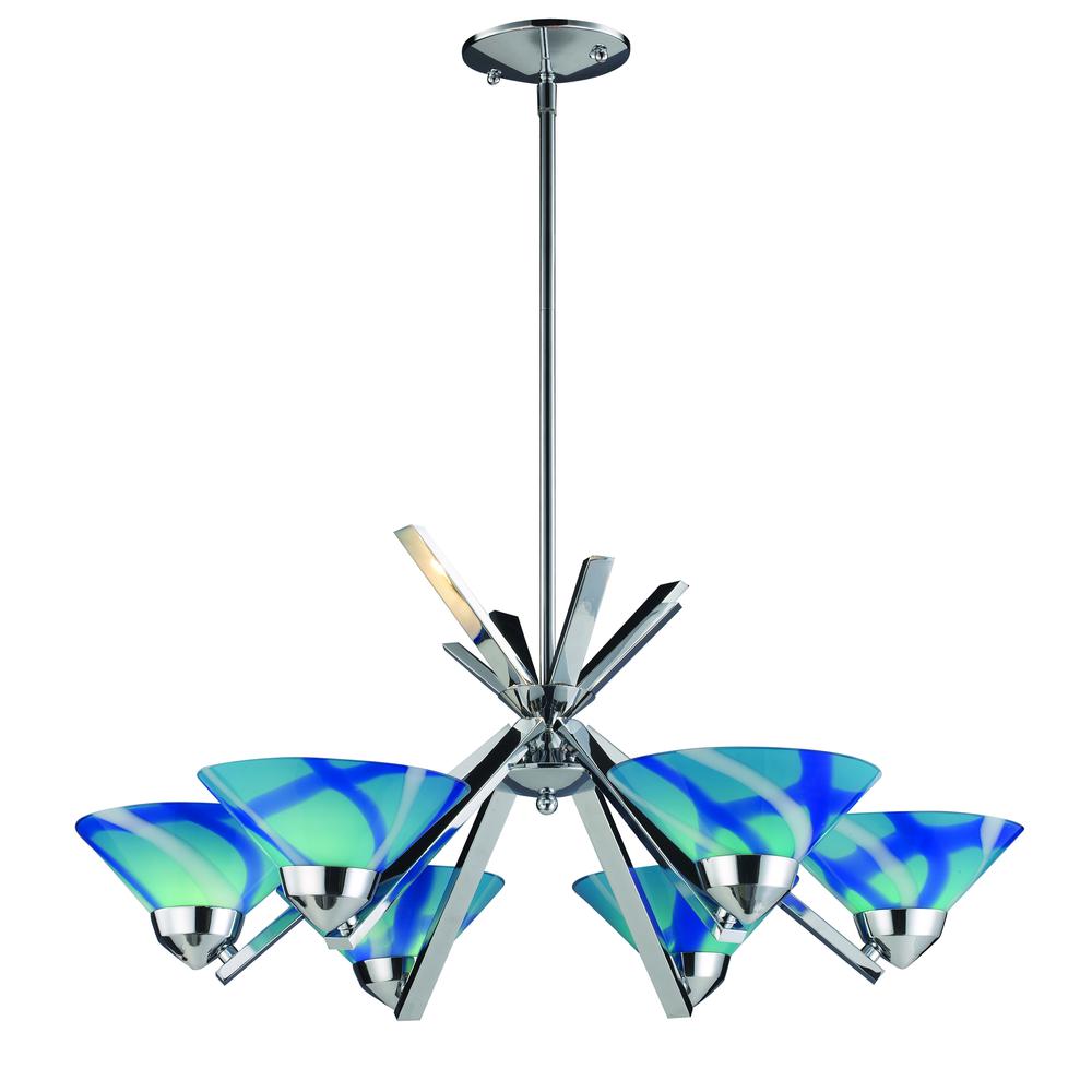 Refraction 6 Light Chandelier In Polished Chrome And Carribean Glass. Picture 1