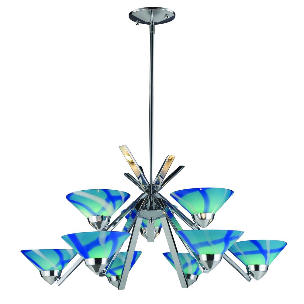 Refraction 9 Light Chandelier In Polished Chrome And Carribean Glass. The main picture.