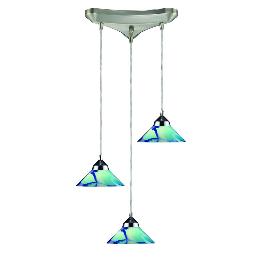 Refraction 3 Light Pendant In Polished Chrome And Caribbean Glass. The main picture.