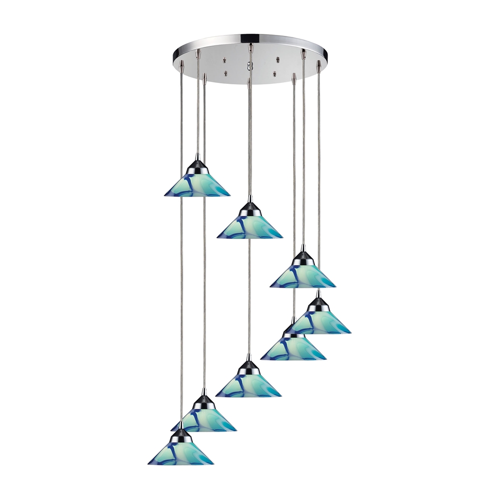 Refraction 8 Light Pendant In Polished Chrome and Caribbean Glass. Picture 1