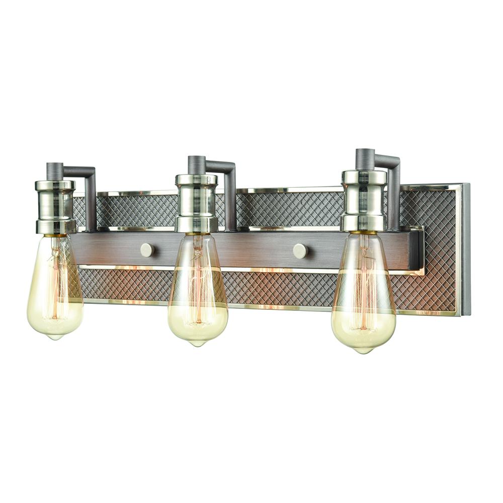 Gridiron 3-Light Vanity Light in Weathered Zinc and Polished Nickel. Picture 1