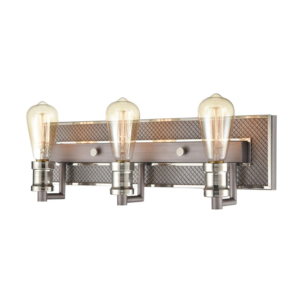 Gridiron 3-Light Vanity Light in Weathered Zinc and Polished Nickel. Picture 3