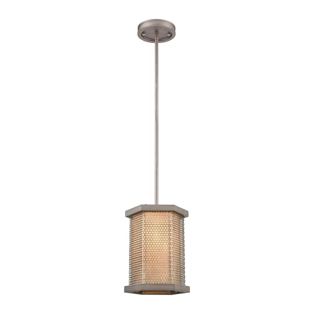 Crestler 1-Light Mini Pendant in Weathered Zinc and Polished Nickel Mesh with Beige Fabric Shade. Picture 1